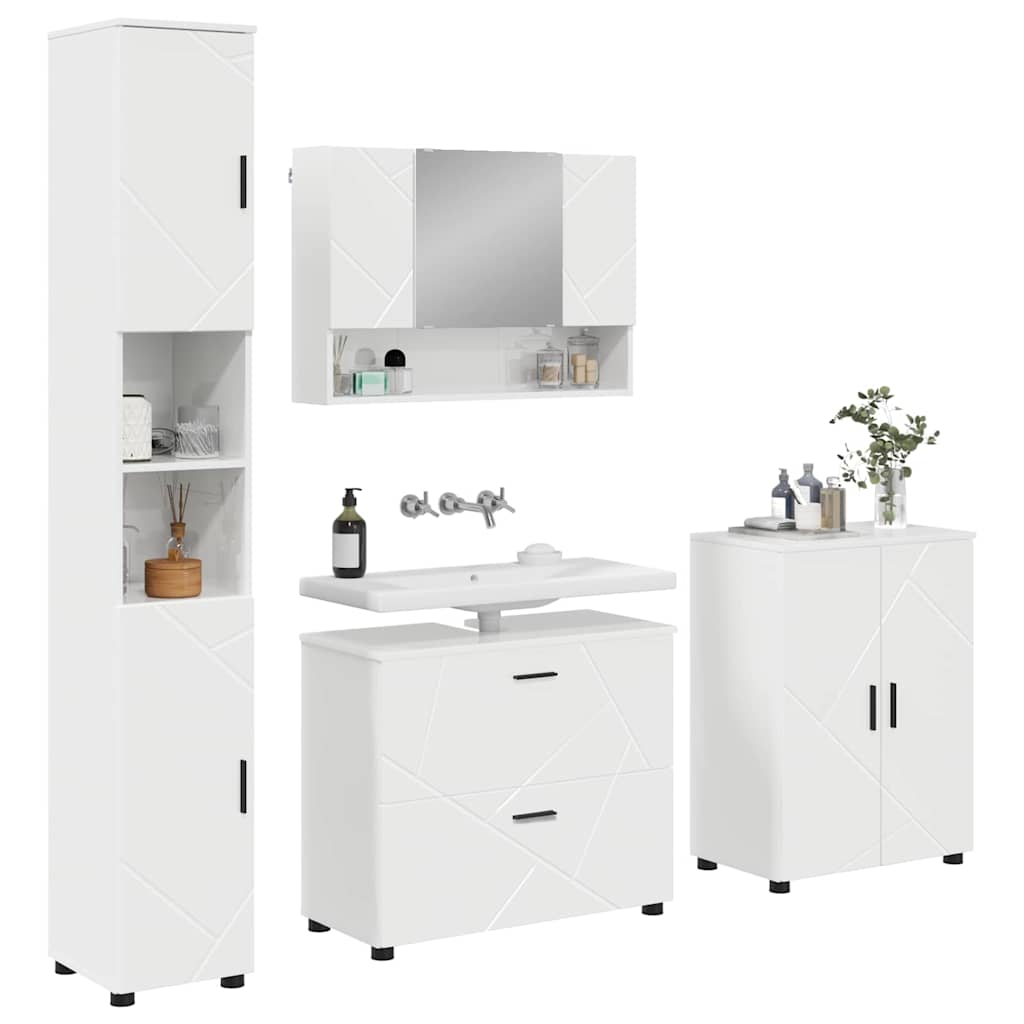 Bathroom Furniture Set 4 Pcs High Gloss White Plywood and Metal