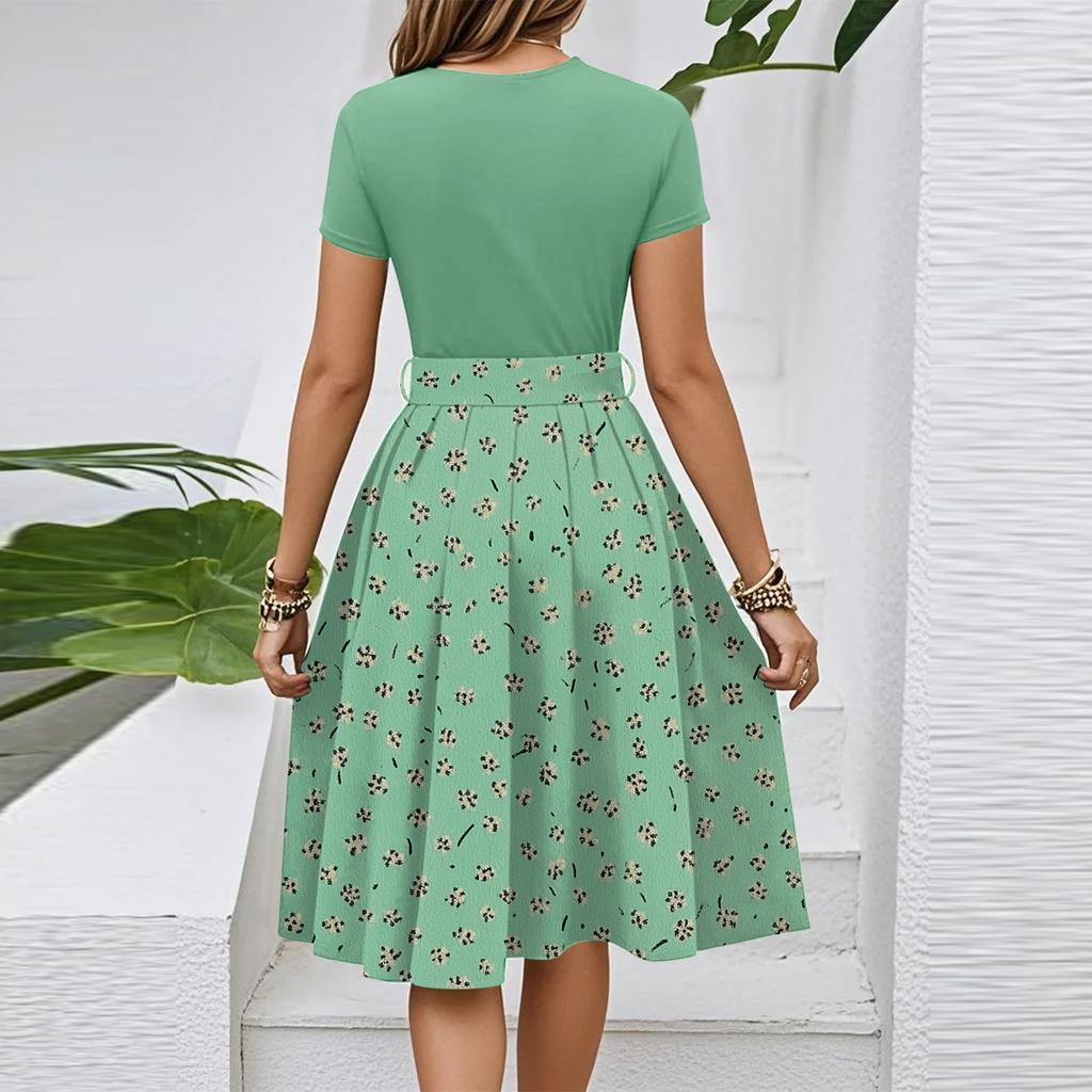 Women's Casual Fashion Belted Floral Print Short Sleeve Round Neck Elegant Dress