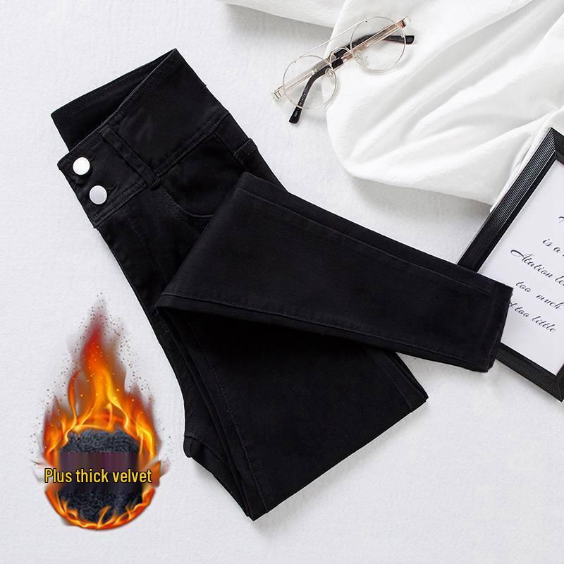 Blue-Gray High-Waisted Skinny Bootcut Jeans for Women: Fleece-Lined, Thickened, Slimming, Tapered Leg – 2022 Autumn/Winter Collection.