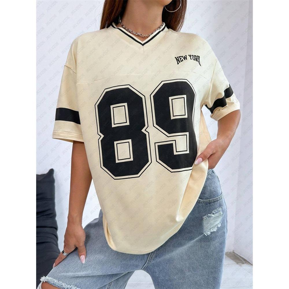TShirt Women Striped V-Neck Tee Summer Oversized Harajuku Trend Short