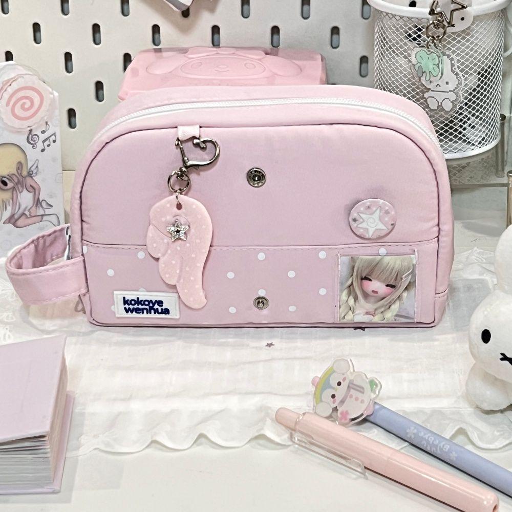 Cherry Blossom Pink Polka Dot Foldable Pencil Case – Stylish and Cute Student Stationery Bag