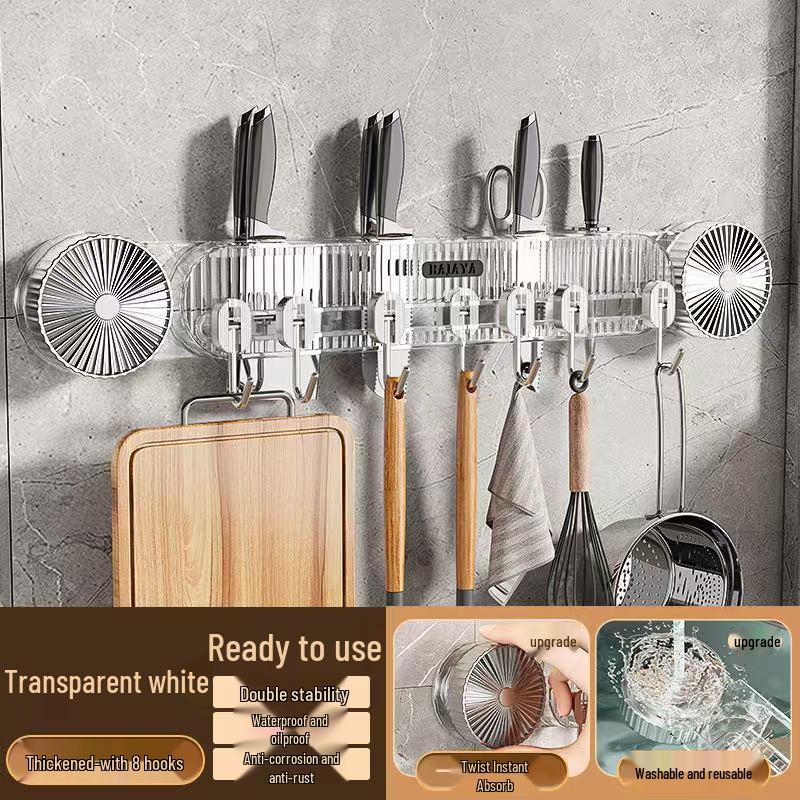 Nástěnný úložný stojan na kuchyňské nože a náčiní s přísavkami a háčky bez nutnosti vrtání