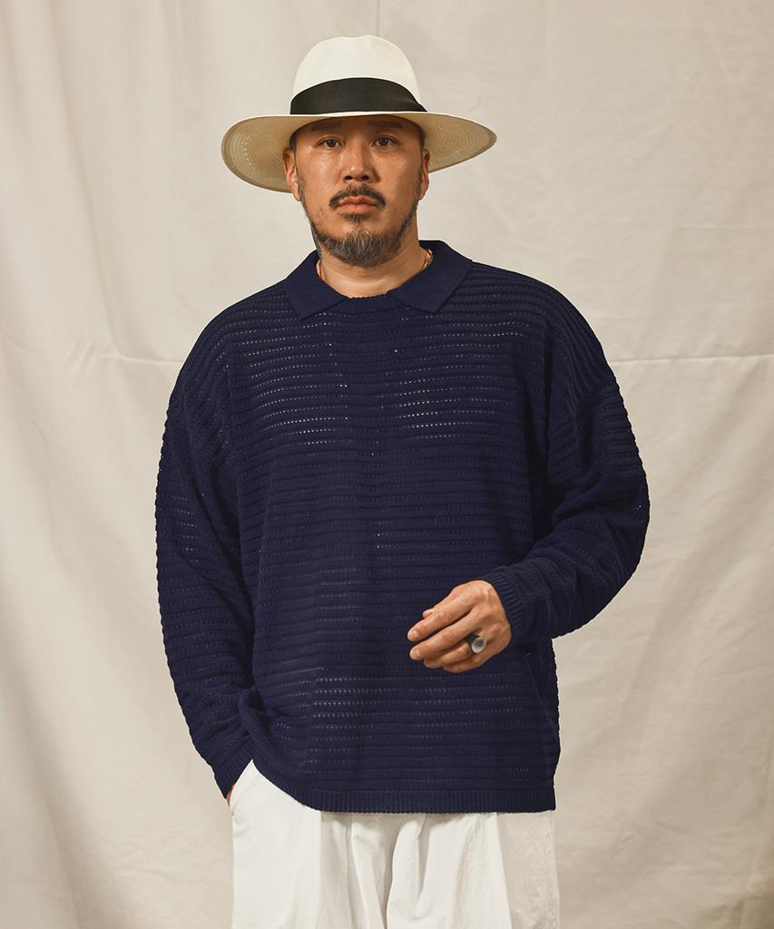 RUGGED HOUSE Cool Texture Oversized Collared Summer Knit Navy