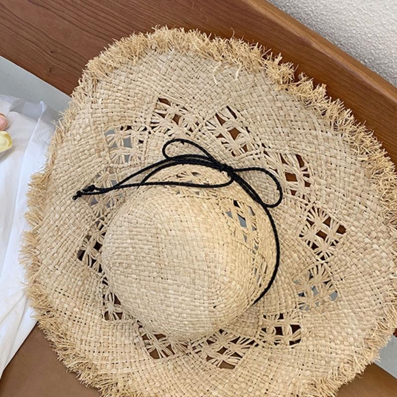 Elegant Raffia Sun Hat With Wide Brimmed And Breathable Openwork Design For Beach Vacation And Outdoor Activities