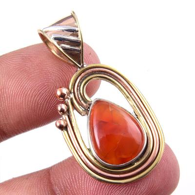 Natural Carnelian Gemstone 925 Solid Sterling Silver Two Tone Pendant 1.50" E3S33