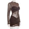 Europäischer & Amerikanischer Stil Damen Herbst/Winter Einfarbige Sexy Mesh-Einsätze Langarm Kurzkleid