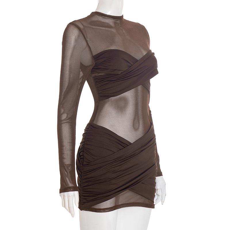 Europäischer & Amerikanischer Stil Damen Herbst/Winter Einfarbige Sexy Mesh-Einsätze Langarm Kurzkleid