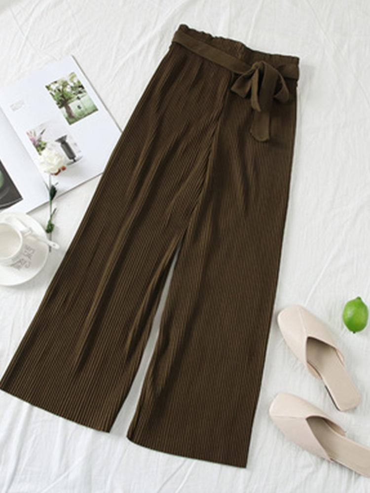 

Осенние широкие брюки, женские повседневные брюки с высокой талией и поясом с бантом, новые плиссированные брюки, женские брюки армия зеленый