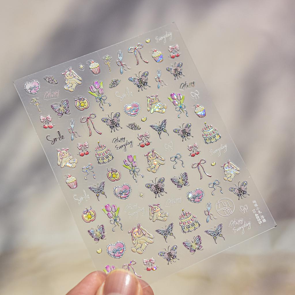 Cute Animals Bear Dog Cake Sweet Cherry Grid Bowknot Star Line Fruit Relief Self Adhesive Nail Art Stickers 5D Manicure Decals
