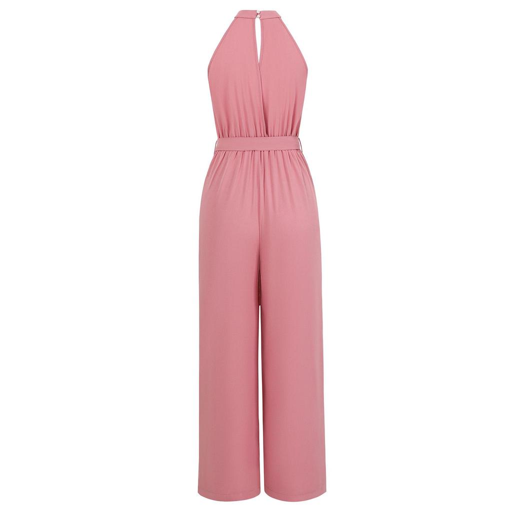 Damen Sommer Casual Einfarbig Ärmellos Neckholder Jumpsuit Lose Hohe Taille Gürtel Weite Beinhose Jumpsuits