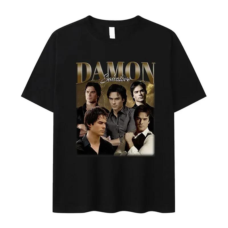 Hot Sale Damon Salvatore TV Drama Graphic Print T-shirt Men Women Retro Gothic Fashion Loose Casual Oversized Streetwear Harajuku Y2K Summer New Teee