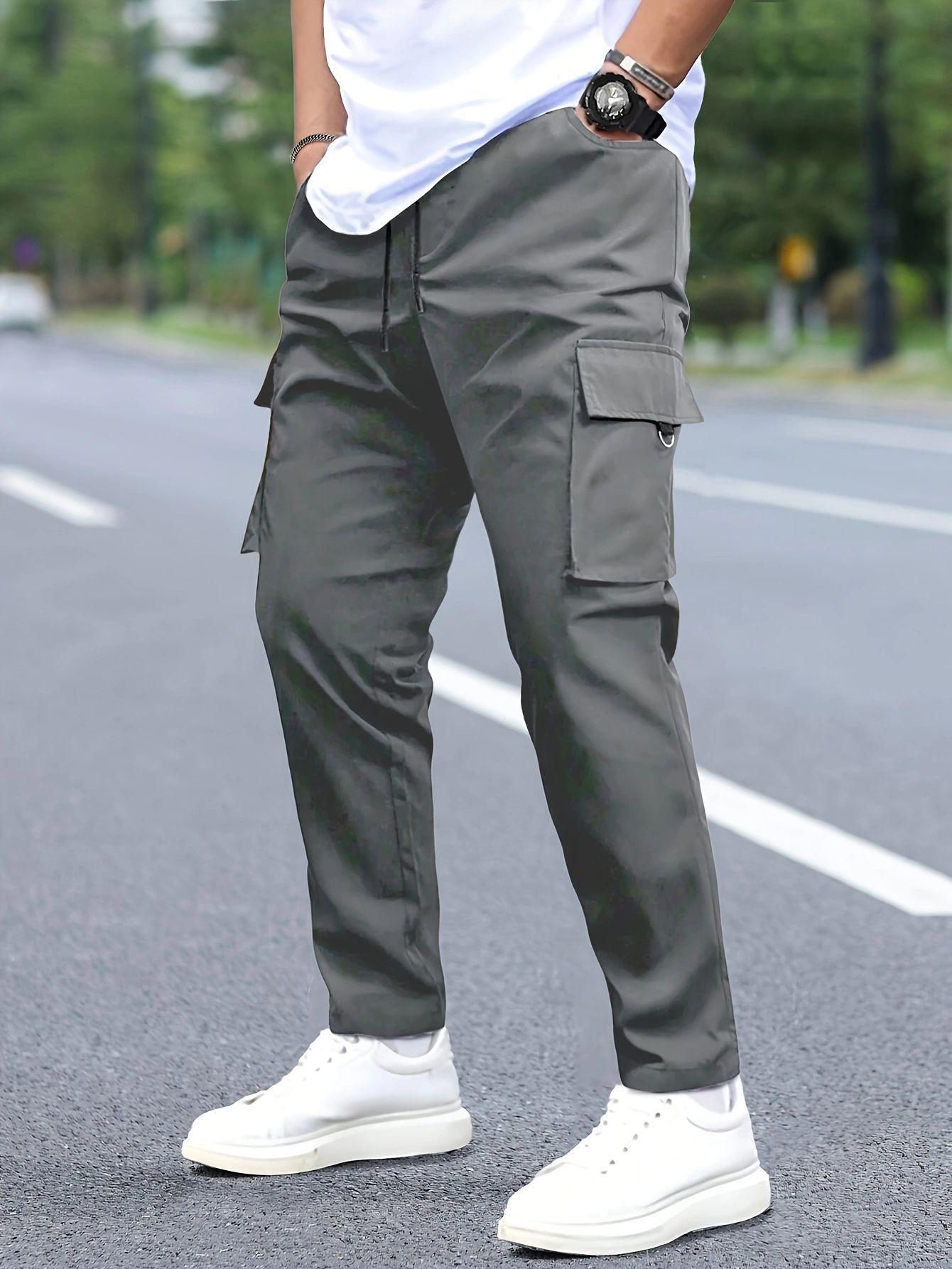 Men s Pure Cotton Drawstring Multi-Pocket Work Pants - European & American Style S серый
