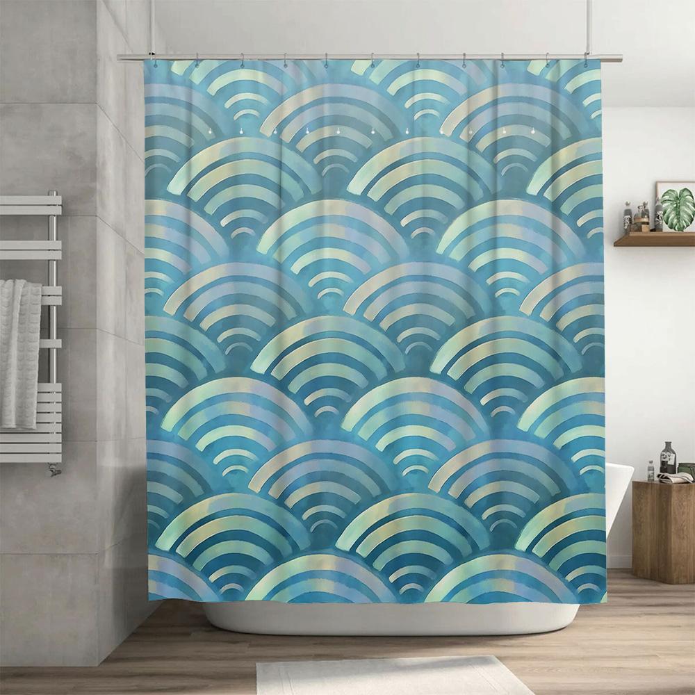 Modern Home Decor Shower Curtain Wavy Waves Pattern In Soft Blue Green Colors For Bathrooms Printed Waterproof Fabric Easy Insta