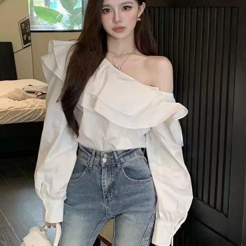 Vintage Ruffled Off Shoulder White Blouse Women Fashion Long Sleeve Loose Elegant Shirt Women Slim Fit Casual Slash Neck Sexy Tops 24304