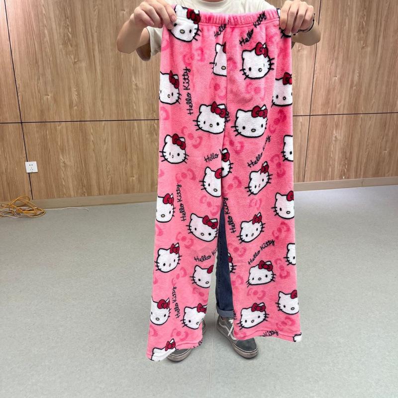 Cartoon Cat Christmas Flannel Pajama Pants for Women - Cozy Winter Kitty Fleece Lounge Wear