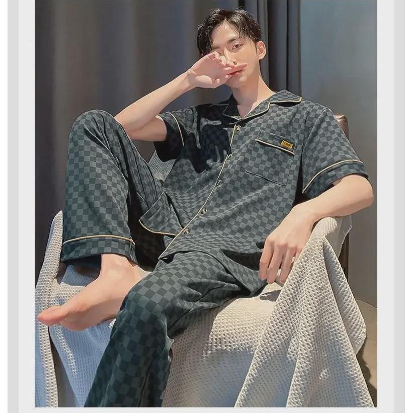 Set de pijama pentru bărbați din bumbac 100% cu carouri, cu mânecă scurtă și cardigan