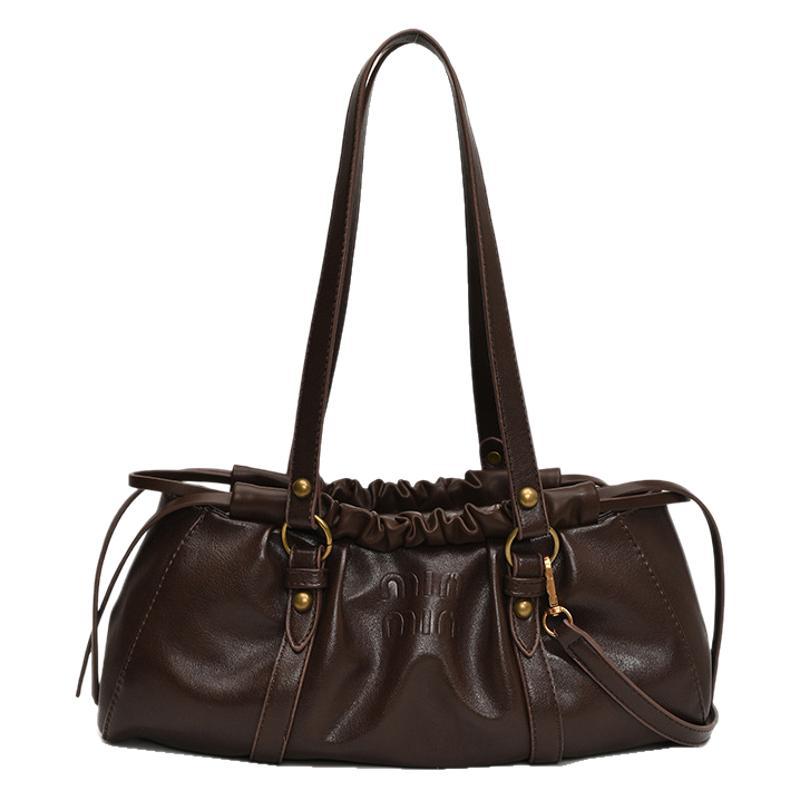 2025 new brown retro drawstring baguette bag single shoulder underarm portable casual pleated women's bag