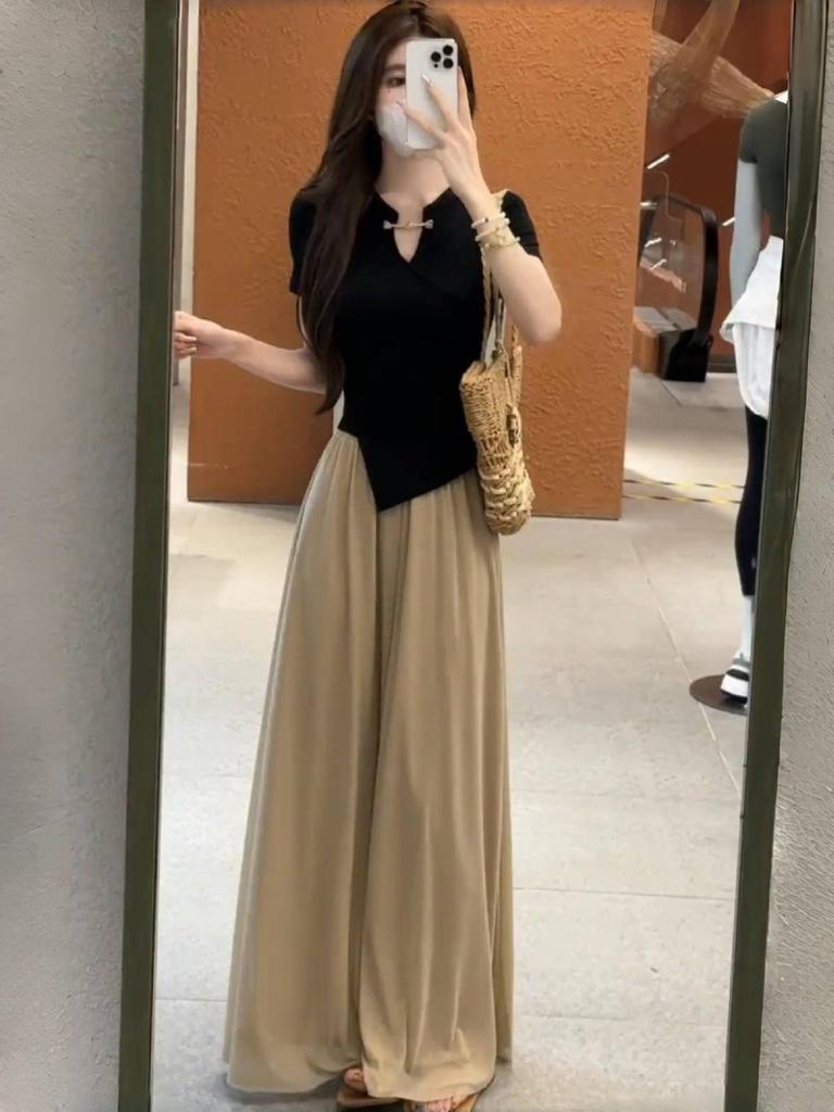 Plus Size Women's Summer Chinese Style Two-Piece Set: Top & Wide-Leg Pants - Elegant Goddess Look