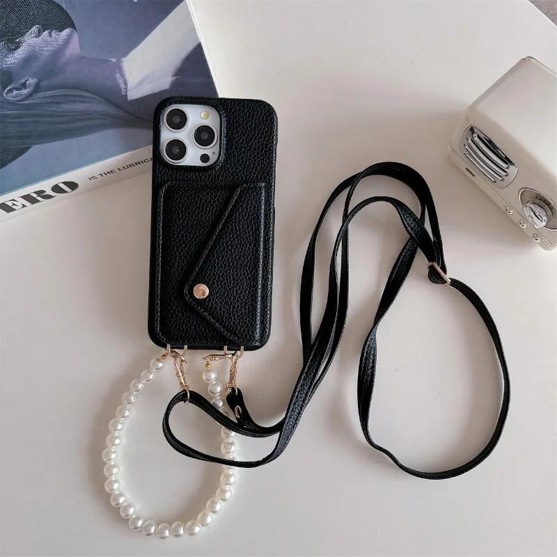 Leather Crossbody Wrist Strap Phone Case for IPhone 13 12 Mini 15 14 Plus 11 Pro Max Wallet with Card Holder Protective Cover