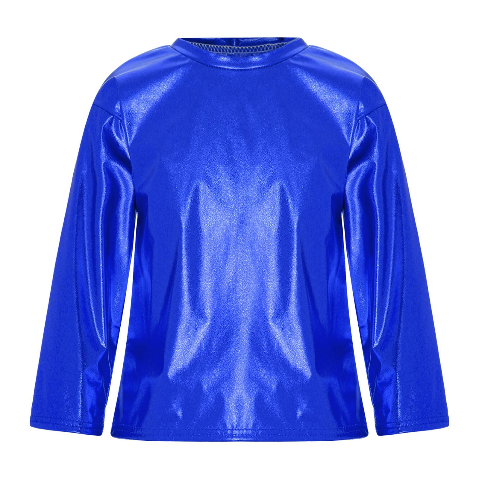 

Детские топы для выступлений на сцене в стиле джаз для девочек и мальчиков, блестящие футболки с металлическим блеском, футболка с длинным рукавом и круглым вырезом, детская танцевальная одежда 13-14 Years королевский синий