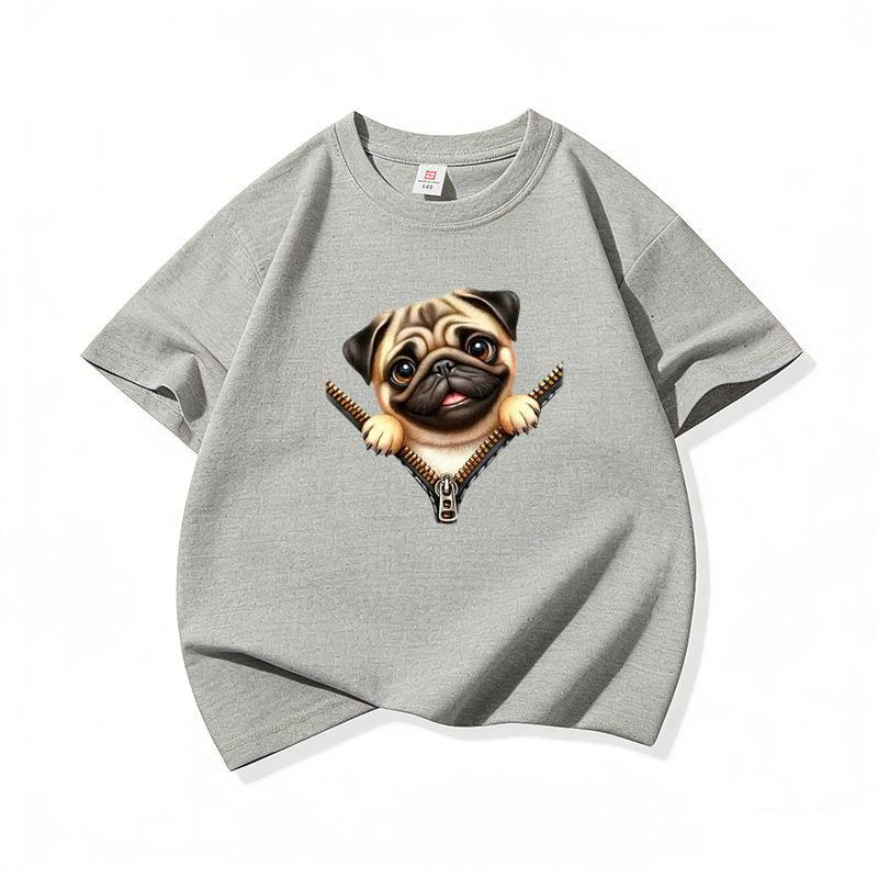 Kids Cotton T Shirt Charming Pug Dog Zipper Print Crew Neck Short Sleeve Tee Casual Breathable Boys Girls Summer Tops