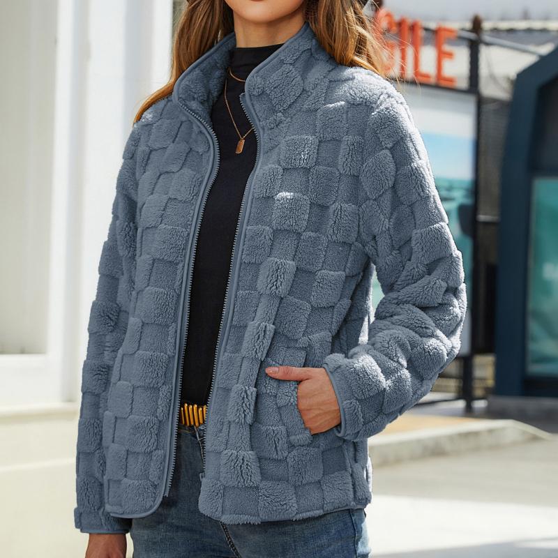 2025 Autumn/Winter New Collection, Women's Wear, Long Sleeve Cardigan, Zipper Jacket, Loose, Solid Color, Checkered Plush Jacket