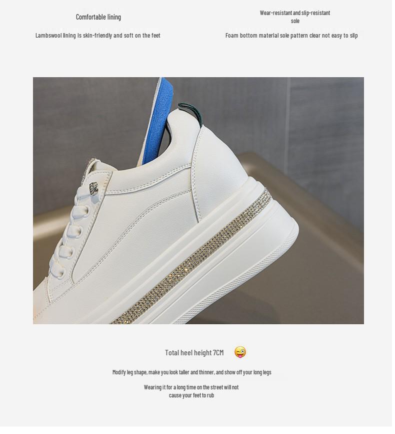 Women's White Platform Sneakers with Rhinestone Elastic Laces - Genuine Leather, Thick Sole, 7cm Height Boost, Lightweight & Versatile.