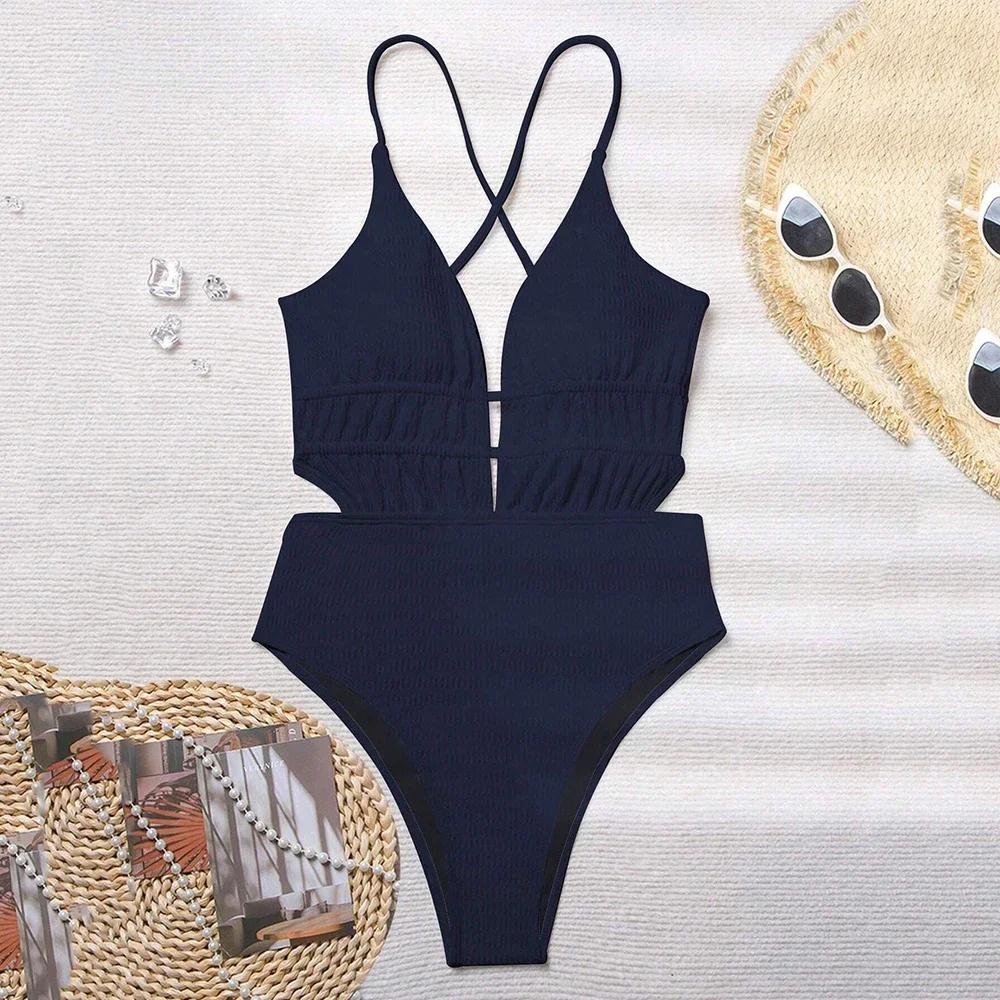 

Сексуальний чорний ребристий купальник з відкритою спиною для жінки 2025 цільний купальник стрінг-хрест плавальний одяг купальний костюм купальники боді M темно-синього кольору