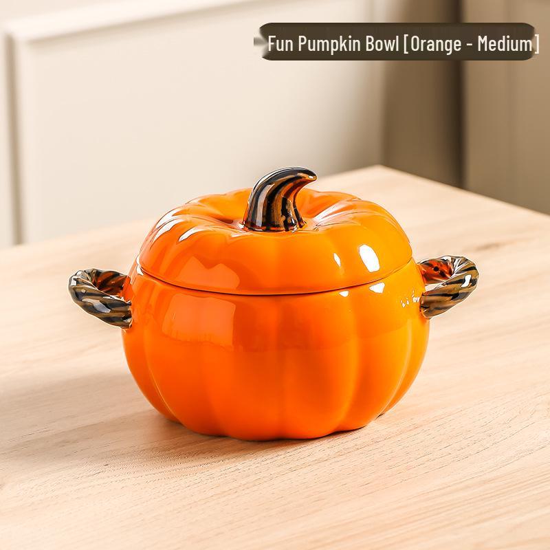 Große Keramik-Kürbissuppenschüssel mit Deckel und doppelten Henkeln - Kreatives Verbrühschutz-Design zum Servieren von Suppe, Instantnudeln und Reispasta mit Fluss-Schnecken.