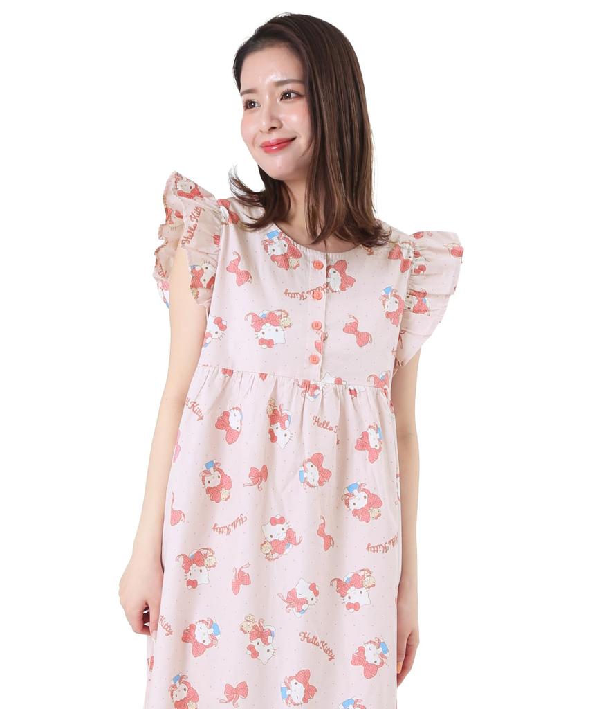 Hello Kitty Nattkjole Poplin Bomull Pyjamas Romklær Loungewear Sløyfe Hello Kitty [SAZAC] Ett stykke 100% Dame Knappelukking