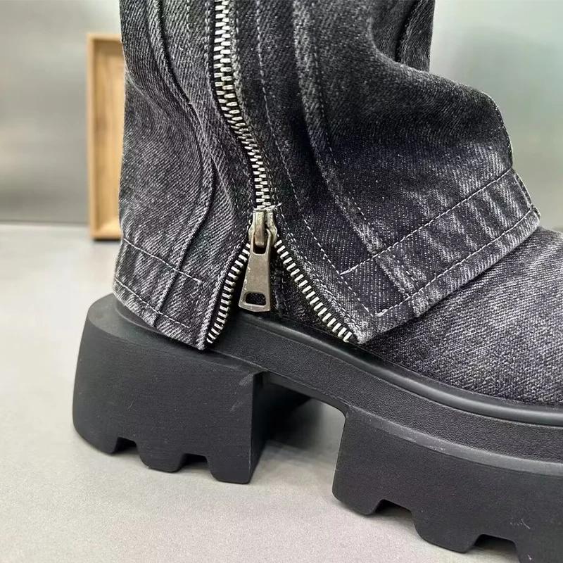 Women Cowboy Mid-calf Boots Zipper Platform Mid Heels Designer Shoes Winter New Motorcycle Boots 2025