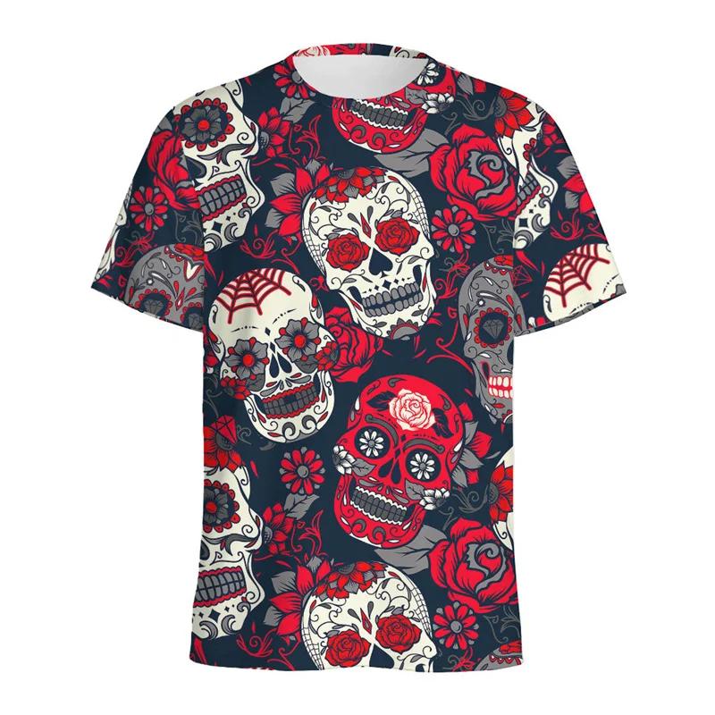 Men s Fashion Mexican Sugar Skull Pattern T-Shirt Casual Short Sleeve Top Summer 3D Printed Rose Pattern T-Shirt Women s T-Shirt XS