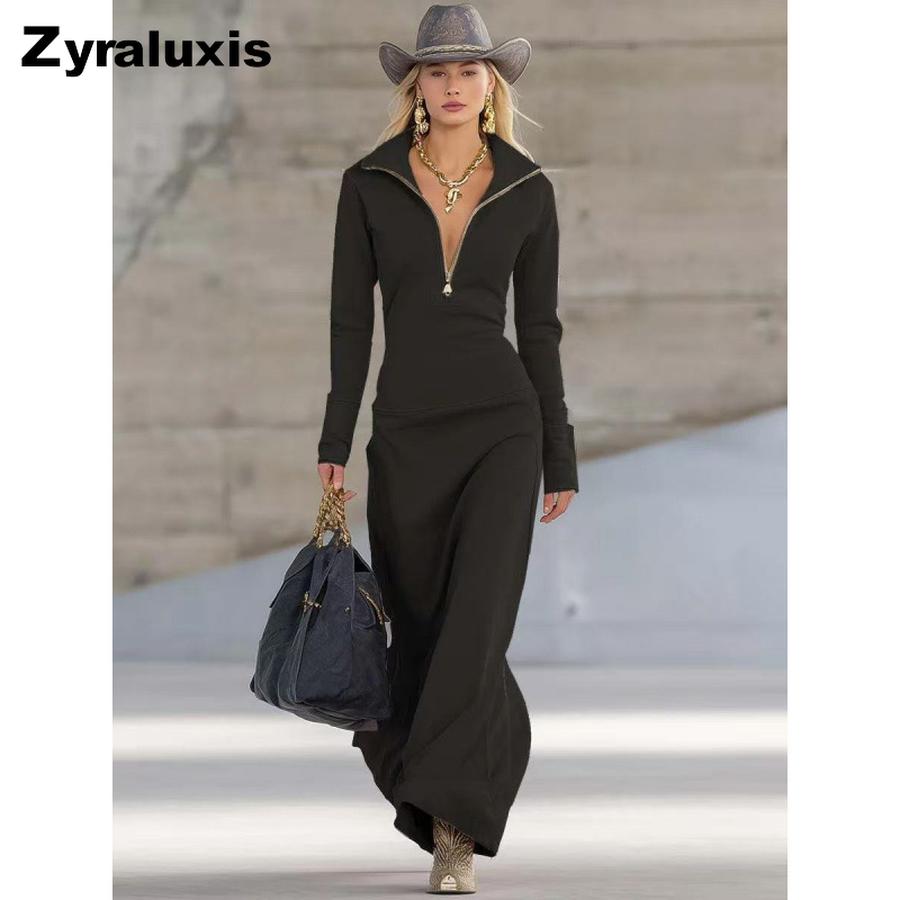 Women s Zippered Polo Neck Long Sleeve Casual Dress for Autumn/Winter S чёрный