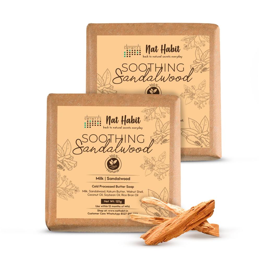 Nat Habit Sandalwood De-Tan Soap 125g x Pack Of 2 For Gentle Skin Brightening And Natural Hydration For Men And Women Daily Use