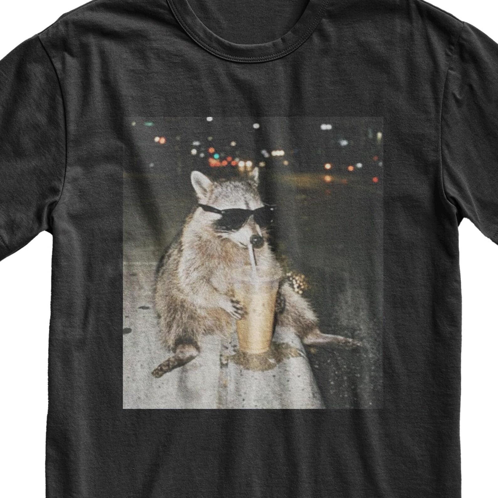 Iced Coffee Raccoon T-Shirt, Funny Animal Meme Tee, Trendy Graphic Shirt M