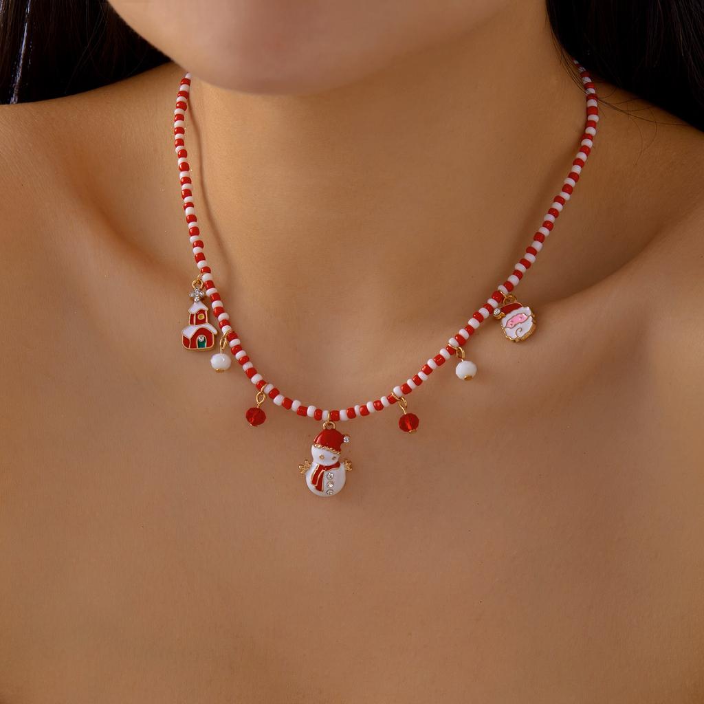 Trendy Christmas Snowman Beaded Choker Clavicle Chain Necklace for Women Delicate Sweet Xmas Snowflake Festival Jewelry Gift