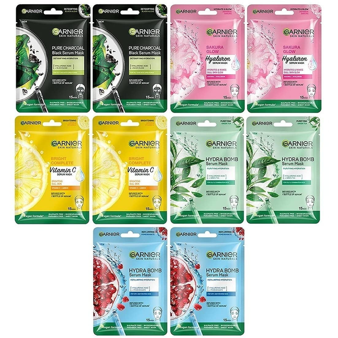 Garnier Skin Naturals, Face Mask Set, Hydra Bomb Serum Mask & Black Serum Mask, 10 pcs (5 types) , 280g