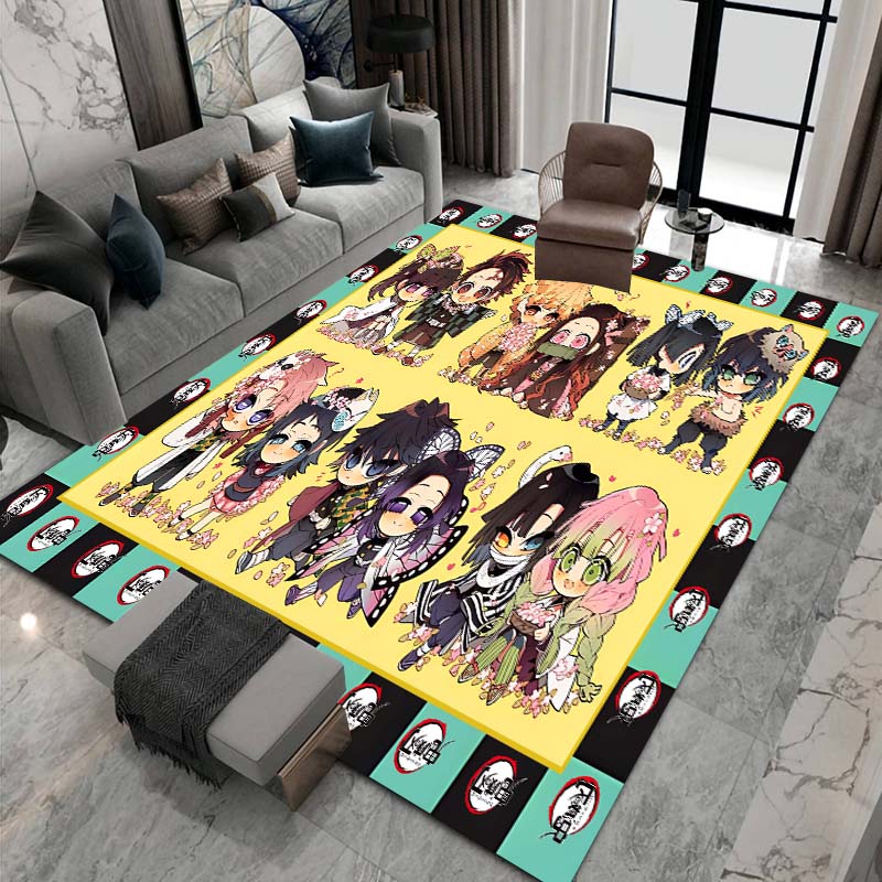 Cute cartoon Kimetsu no Yaiba rug, suitable for playrooms, bedrooms, living rooms, sofas, and other home décor; non-slip rug for