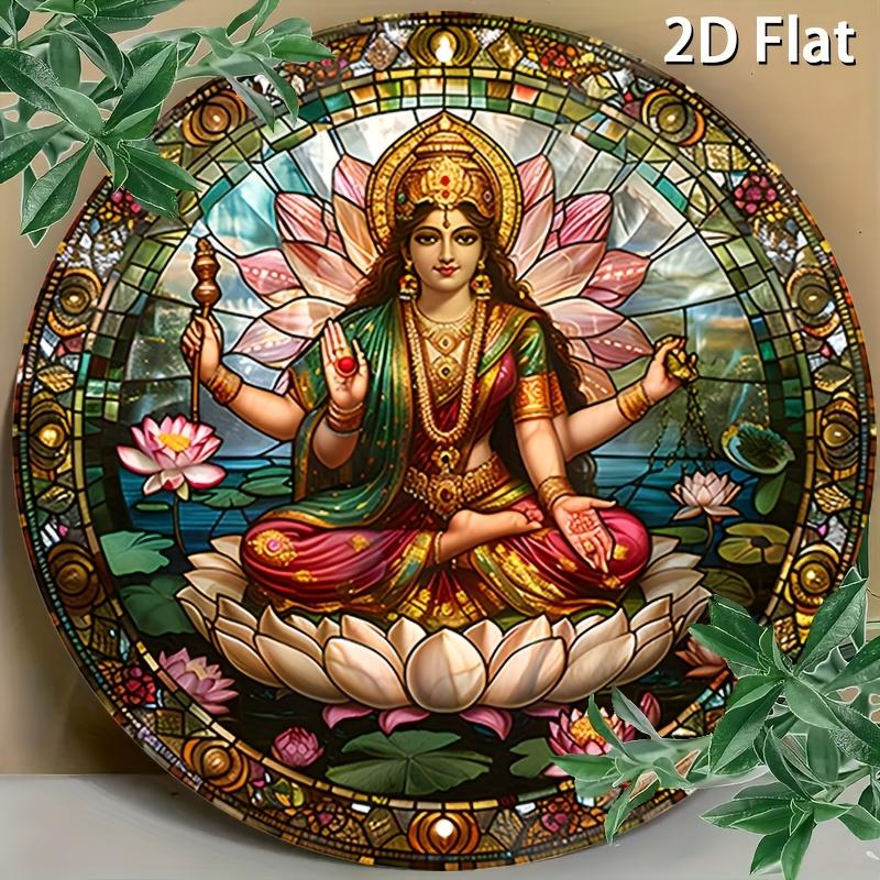 [2D Flat] 1pc Vintage Metal Sign - Hindu Goddess on Lotus Throne Aluminum Round Poster, Serene and Divine Imagery, Retro Wall Ar