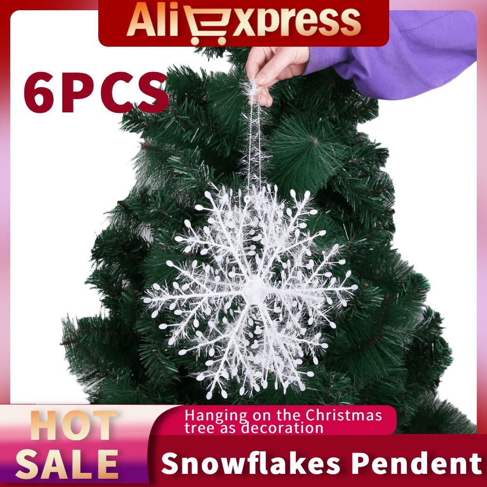 6Pcs Winter Brushed Snowflakes Christmas Tree Hanging Snowflake Plastic Artificial Snowflake Ornament for Xmas New Year Decor