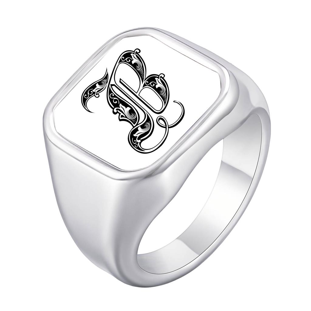 Engrave Custom A-Z Initial Picture Rings for Men, Stainless Steel Male Signet Ring, High Polished Finger Jewelry Gift Father Day