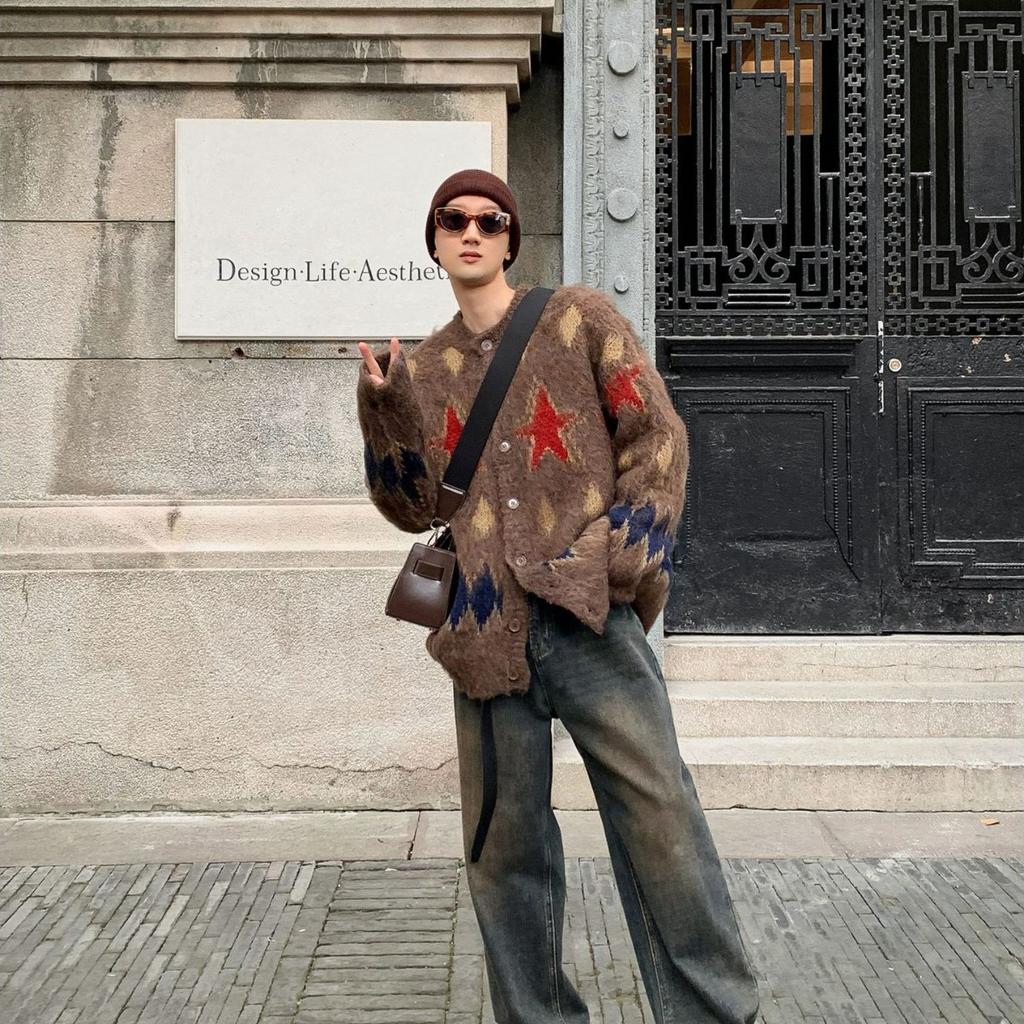 Christmas O-neck Vintage Sweater Men's Loose Casual Autumn Winter Knit Harajuku High Street Cardigan