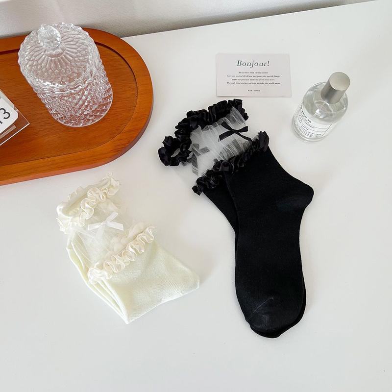 Sweet Bowknot Ruffle Women Middle Tube Socks Girls Black White JK Lolita Summer Thin Socks Harajuku Kawaii Short Socks