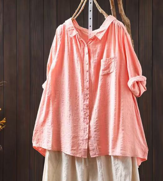 Johnature Women Vintage Shirts Tops Patchwork Pockets Solid Color Turn-down Collar Half Sleeve Thin Summer Shirt