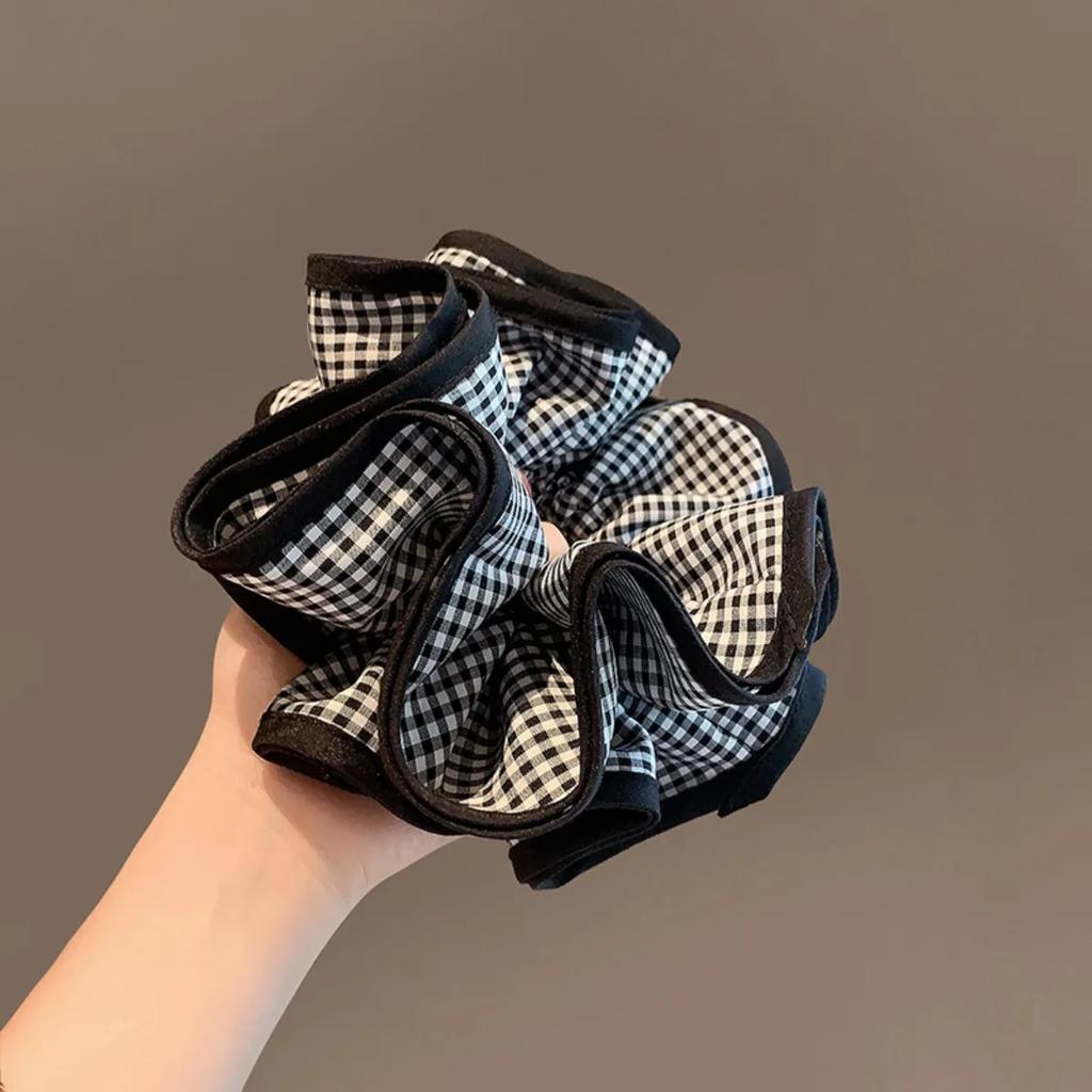 Multi-layer Plaid Pleated Scrunchies for Women Black and White Grid Large Intestine Hair Ties Hair Accessory Party Gift