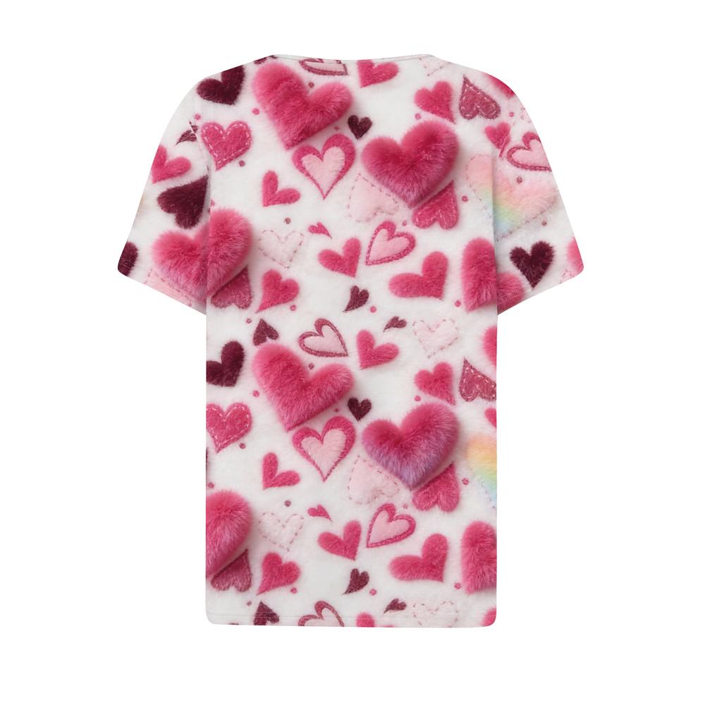 Women's Fashion Casual V,Neck Short,Sleeve T,Shirt With Decorative Buttons And Valentine's Day Print Top