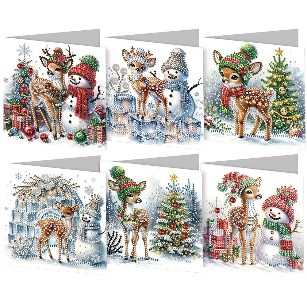 6Pcs Christmas Reindeer Diamond Handmade Card DIY Diamond Painting Card Diamond Drawing Card for Adults Holiday Friends Family