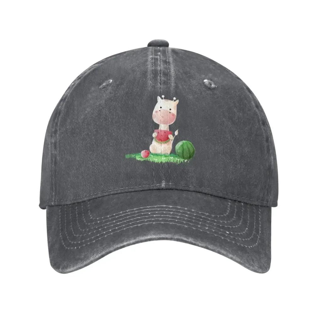 Giraffe Sitting in The Grass Eating Watermelon Baseball Cap for Unisex Women Vintage Trucker Hat Hats Dad Hat