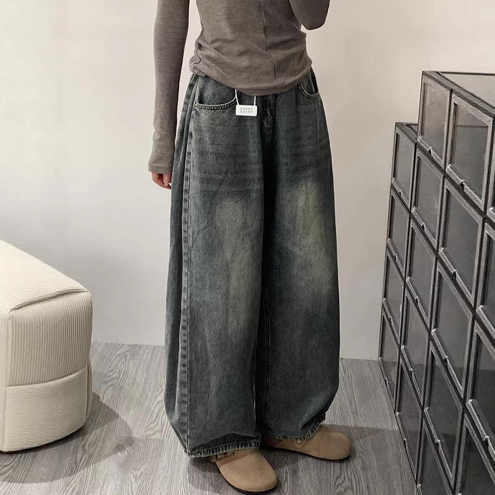 Women s Spring Designer Retro Blue High-Waist Wide-Leg Jeans M