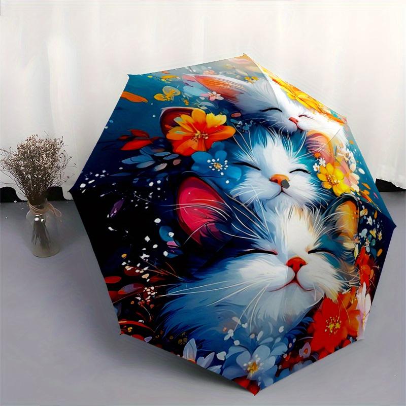 1pc Two Cats Surrounded by Colorful Flowers Automatic Opening and Closing Cartoon Umbrella - Small Umbrella Suitable for Various Occasions Y094
